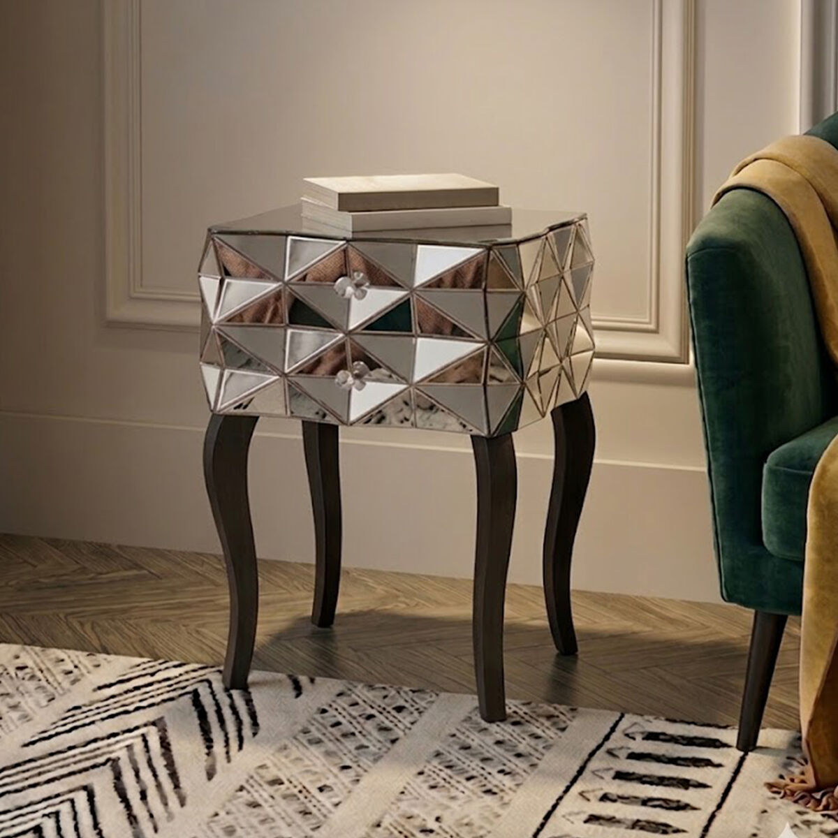 Silver Smoked 3D Geometric Glass Front 2-Drawer Bedside Table with Cut Glass Handles and Cabriole Legs | Soho