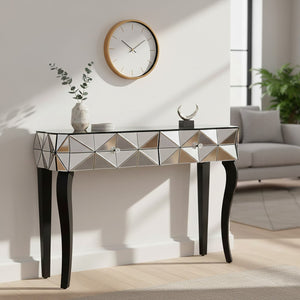 Smoke Mirrored Glass Top Two-Drawer Console Table with 3D Glass Silver Detail and Black Wood Legs, Kensington Townhouse