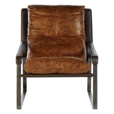 Brown leather armchair with wooden frame on a white background