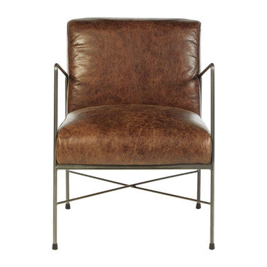 Brown leather armchair with metal frame on a white background