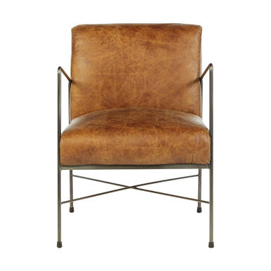 Brown leather chair with metal frame on a white background