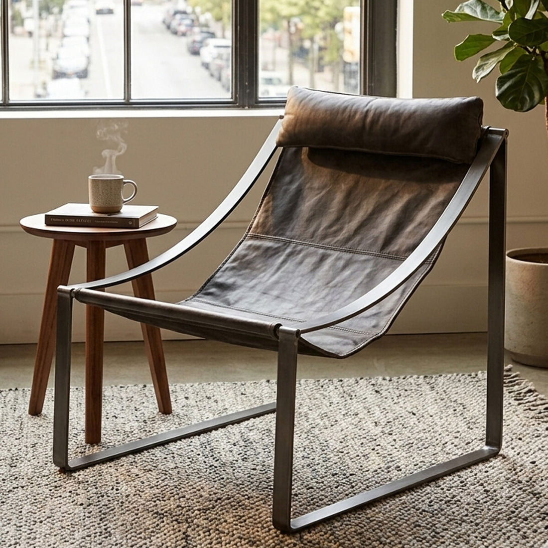 Antique Black Leather Sling Chair | Hoxton