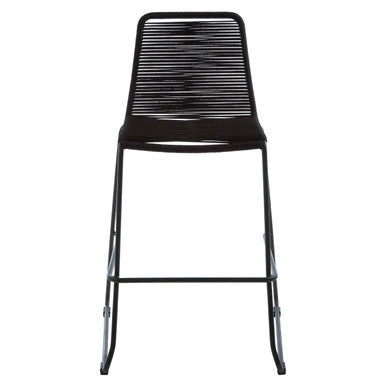 Black bar stool with woven backrest on a white background