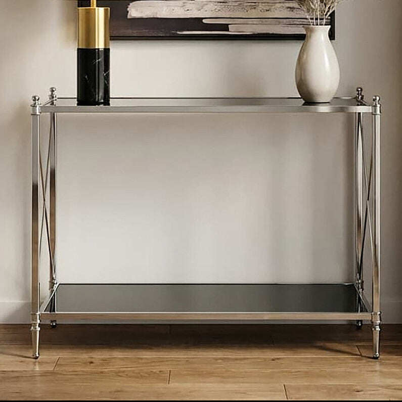 Modern console table with decorative items in a living room setting