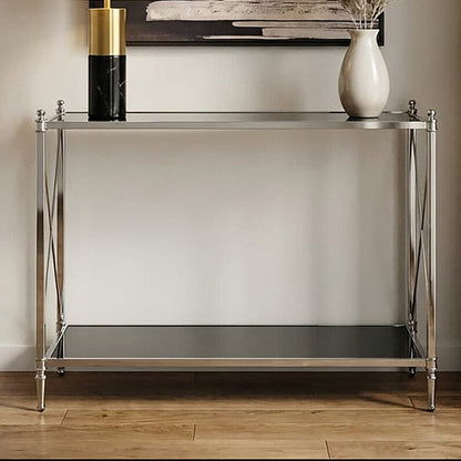 Modern console table with decorative items in a living room setting