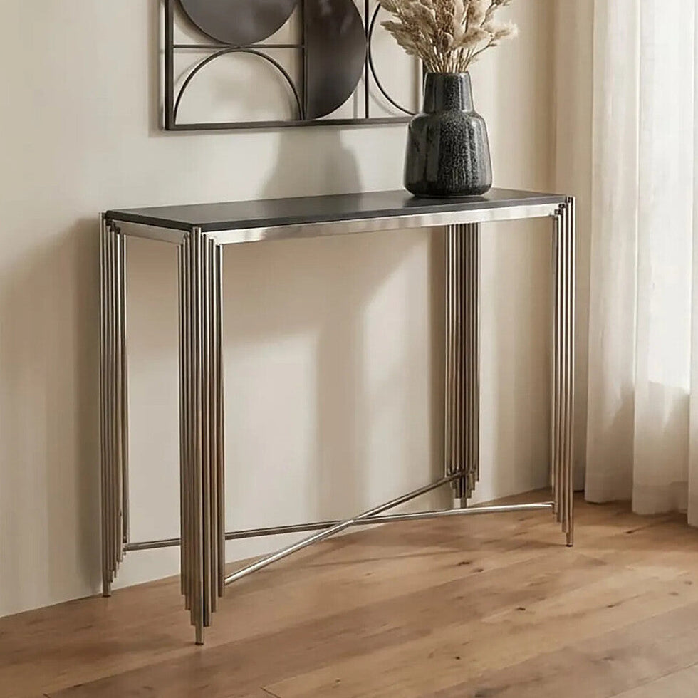 Black Granite Top Art Deco Console Table with Silver Finish X-Shaped Cross, Clarice