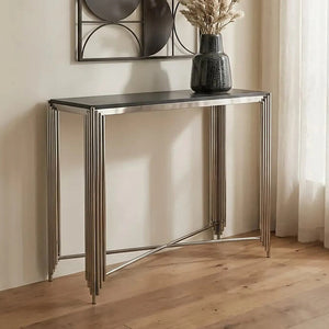 Black Granite Top Art Deco Console Table with Silver Finish X-Shaped Cross, Clarice