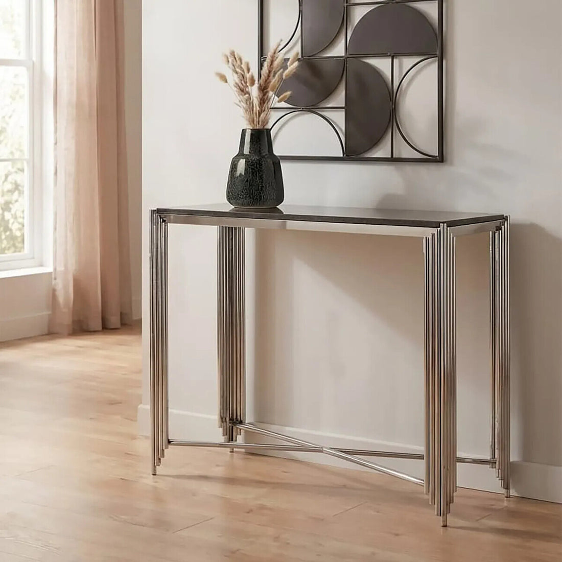 Black Granite Top Art Deco Console Table with Silver Finish X-Shaped Cross, Clarice