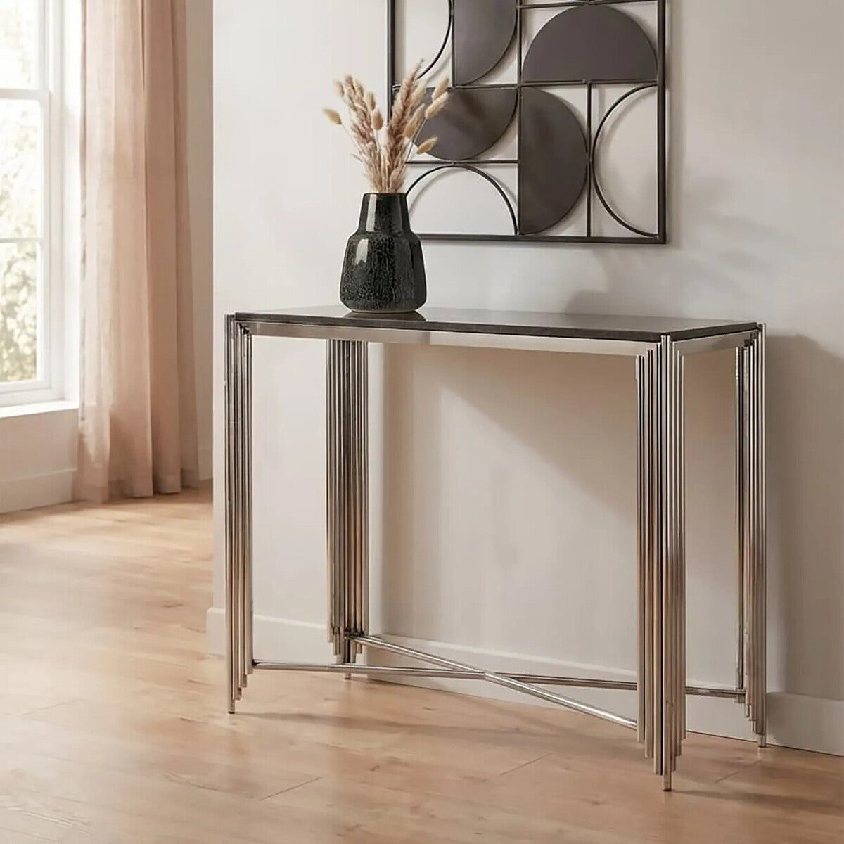 Black Granite Top Art Deco Console Table with Silver Finish X-Shaped Cross, Clarice