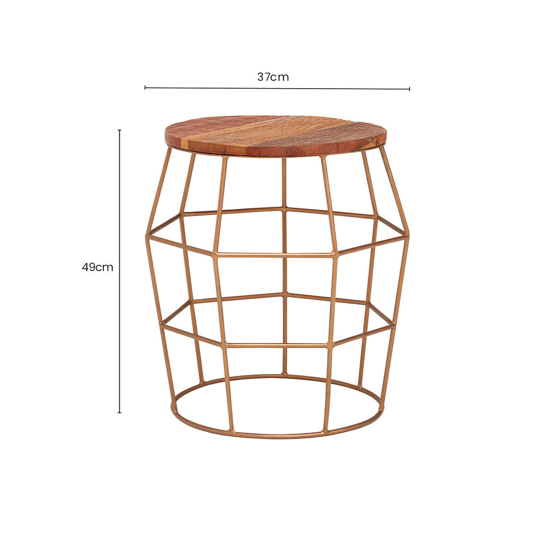 Natural Recycled Wood Top Rounded Side Table with Brass Iron Wireframe Base, Nandri