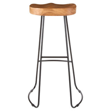 Bar stool with wooden seat and metal legs on a white background