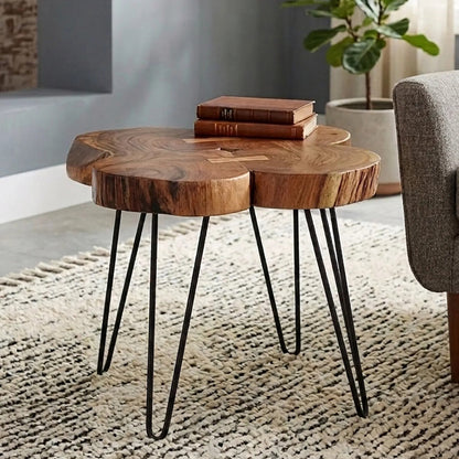 Natural Acacia Wood Slice Top Side Table with Black Metal Hairpin Legs | Nandri