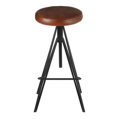 Bar stool with brown leather seat and black metal frame on a white background