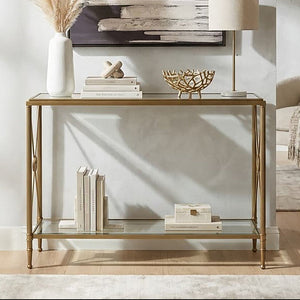 Axis Clear Glass 2 Tier Console Table with Gold Finish Frame