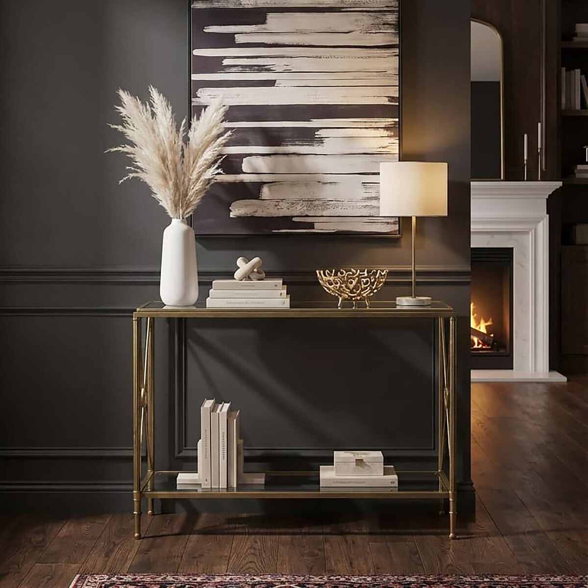 Gold Antique Effect Console Table with Cross End Design and Two-Tier Glass Shelves, Axis