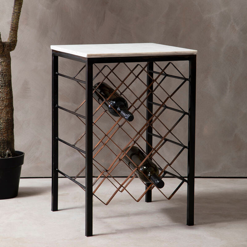 Side table with wine bottle holder against a gray wall