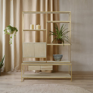 Modica Oak Wood and Gold Finish Shelf Unit