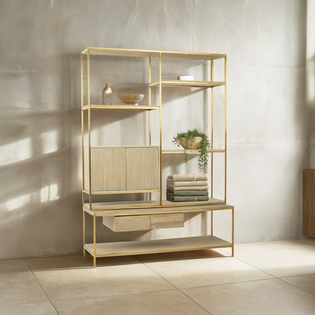 Modica Oak Wood and Gold Finish Shelf Unit - Image 3