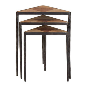 Elmo Recycled Elm Wood Parquet Top Set of 3 Triangular Nesting Tables