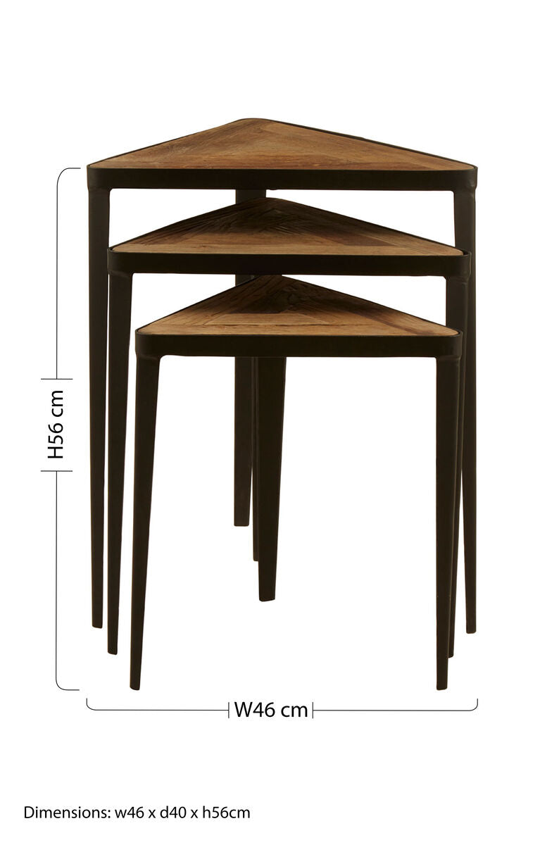 Elmo Elm Wood and Iron Set Of 3 Triangular Tables