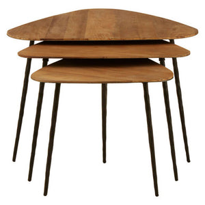 Elmo Elm Wood and Black Metal Set of 3 Triangular Nesting Tables