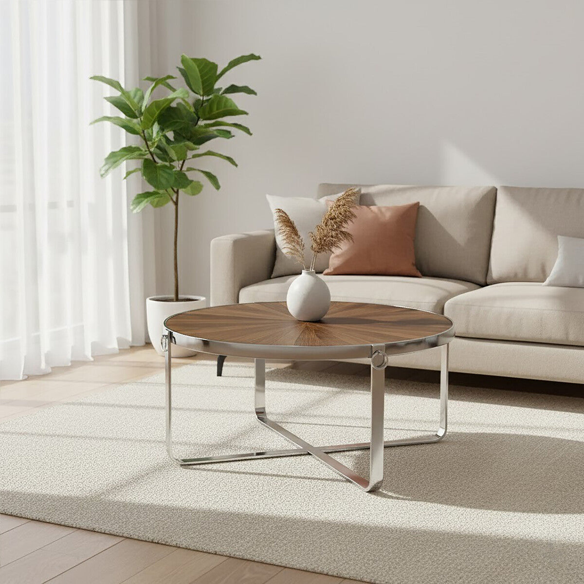 Modern living room with a beige sofa, wooden coffee table, and decorative pillows.