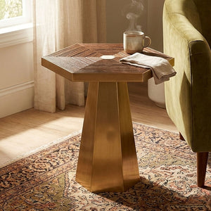 Titan Recycled Elm Wood and Brushed Gold Finish Small Side Table