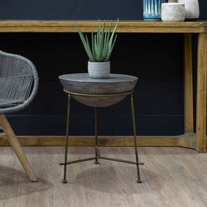 Silver Textured Concrete Bowl Top Side Table with Iron Three Leg Base, Compo