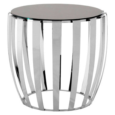 Chrome metal side table with a glass top on a white background