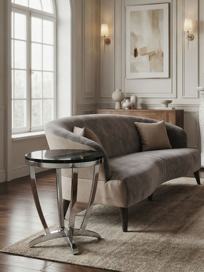 Black and Silver Contemporary Luxe Side Table with Tempered Glass Top, Yasmin