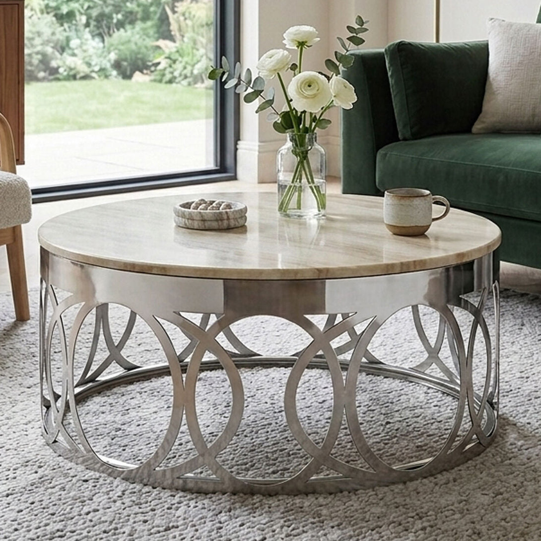 White Marble Top Coffee Table with Silver Stainless Steel Circular Base | Yasmin