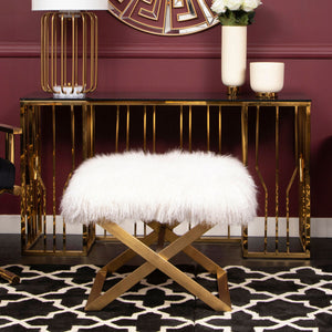 Anafi White Sheepskin Stool with Gold Finish Base