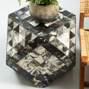 Green and Cream Resin Tile Geometric Side Table with Hexagonal Design, Marlox