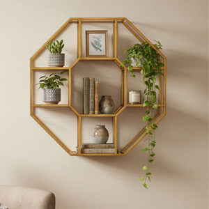 Zariah Antique Gold Finish Hexagon Mirrored Wall Shelf Unit
