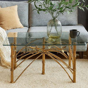 Gold Clear Tempered Glass Top Table with Bamboo Design Metal Legs, Zariah