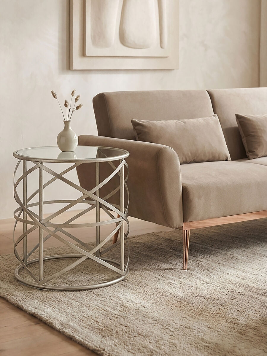 Silver Round Side Table with Clear Tempered Glass, Rubia