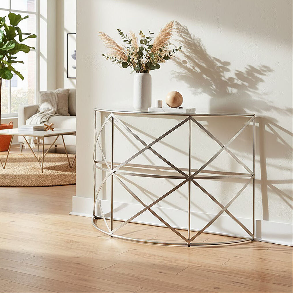 Rubia Silver Leaf Demilune Console Table