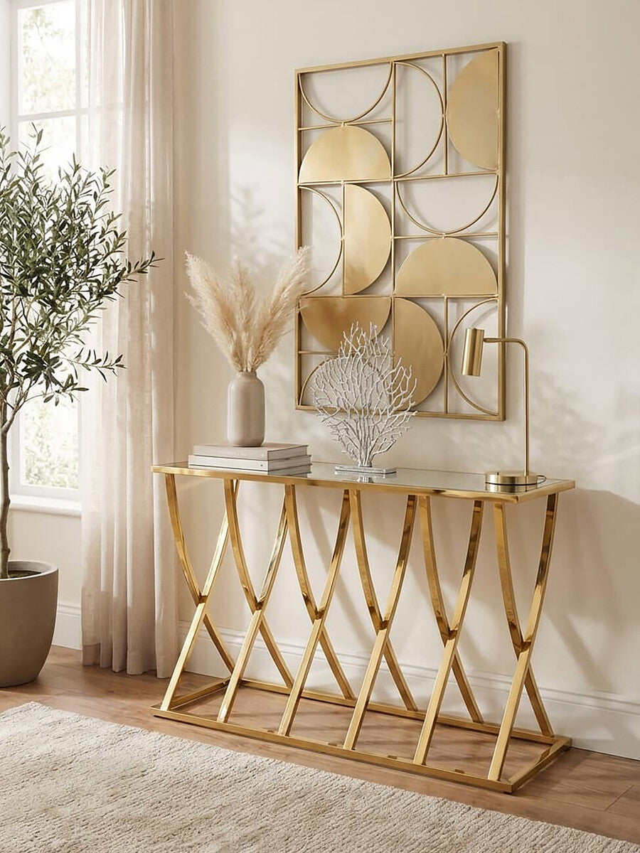 Gold Mirrored Top Console Table with Sweeping Stainless Steel Frame, Reena