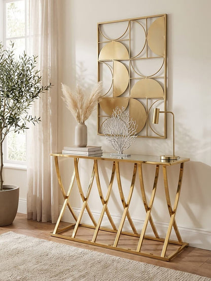 Gold Mirrored Top Console Table with Sweeping Stainless Steel Frame, Reena