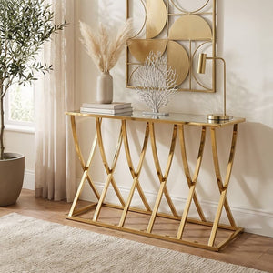 Gold Mirrored Top Console Table with Sweeping Stainless Steel Frame, Reena