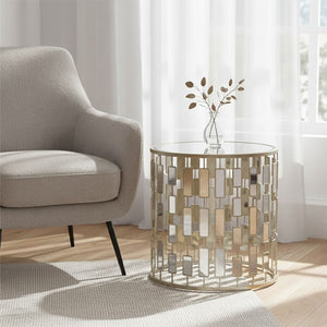 Raina Champagne Finish Mirrored Glass Top Side Table