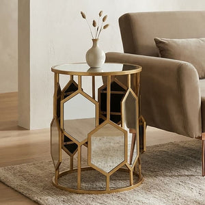 Rio Mirrored Top and Gold Finish Round Side Table