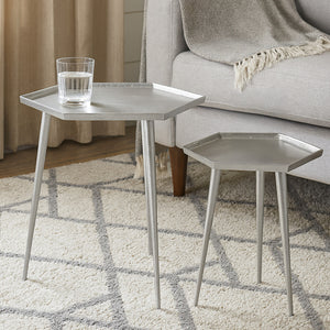 Silver Set of 2 Hexagonal Side Tables with Textured Tops and Splayed Legs, Halle