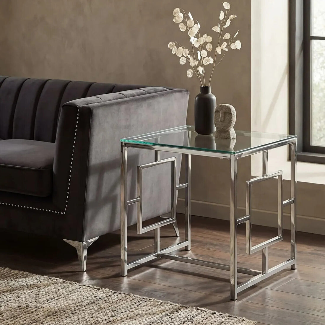 Silver Reflective Frame End Table with Clear Tempered Glass Top, Allure
