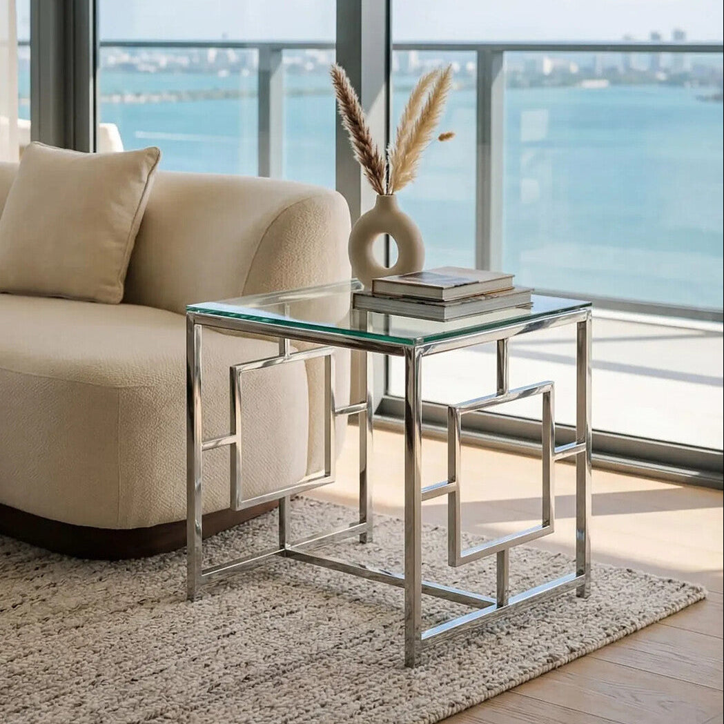 Silver Reflective Frame End Table with Clear Tempered Glass Top, Allure