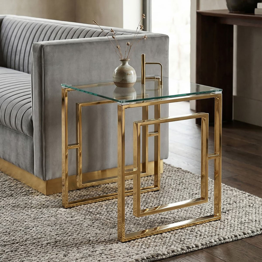 Gold Square Leg End Table with Clear Glass Top and Stainless Steel Frame, Allure