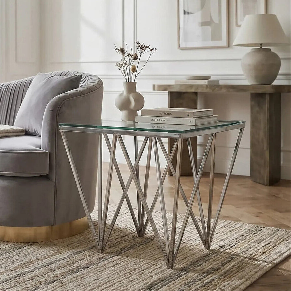 Silver Stainless Steel End Table with Pincer Like Legs and Glass Top, Allure