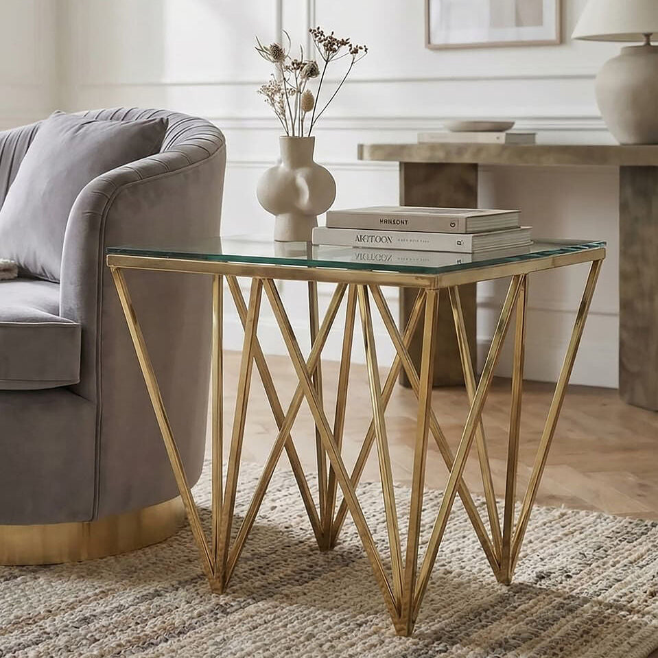 Gold Finish Side Table with Tempered Glass Top and Sculptural Metal Base, Allure