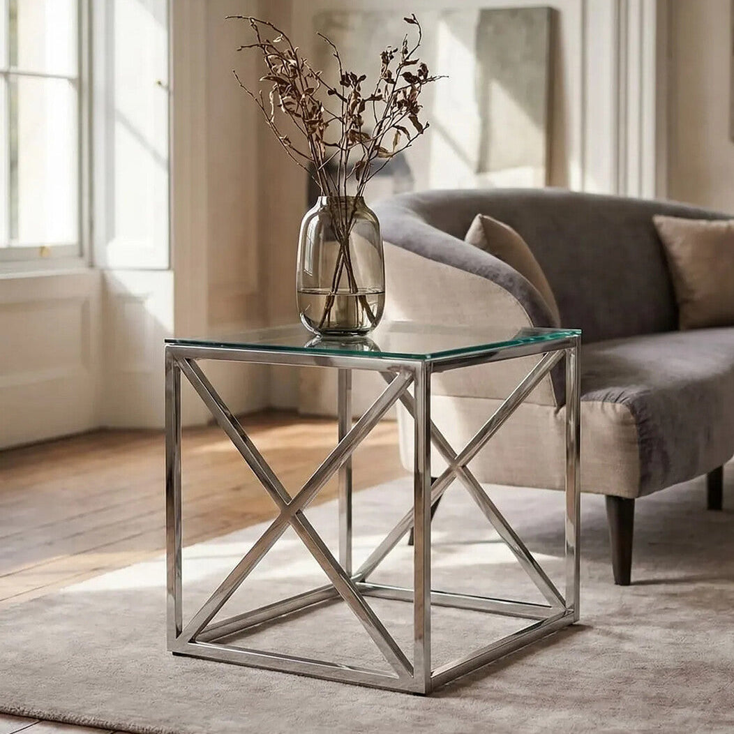 Silver Cross Base End Table with Transparent Tempered Glass Top, Allure