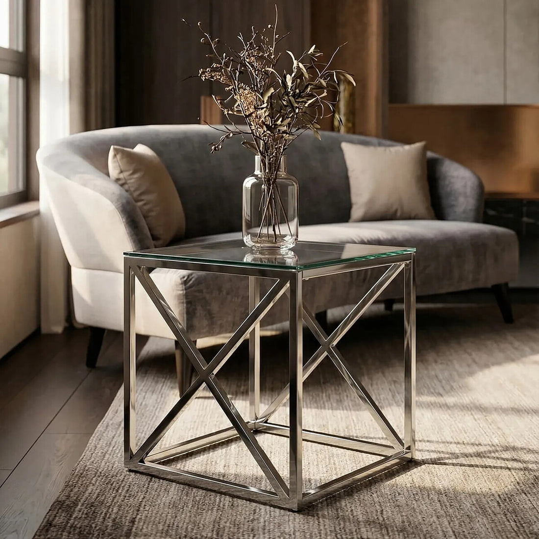 Silver Cross Base End Table with Transparent Tempered Glass Top, Allure